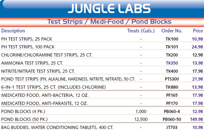 Jungle Labs Test Strips, Medi-Food and Pond Blocks
